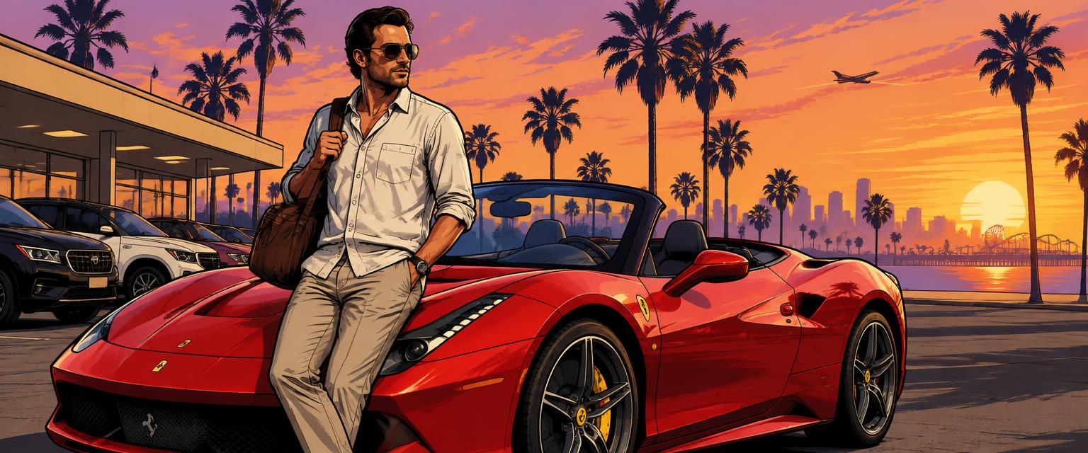 Comic-style traveler leaning on a red convertible