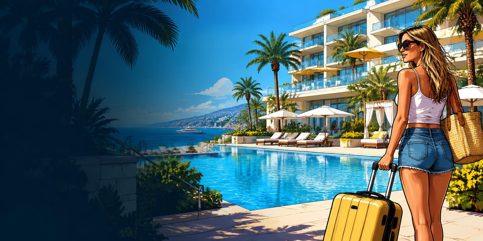 Comic-style beachfront hotel with a pool and an arriving traveler