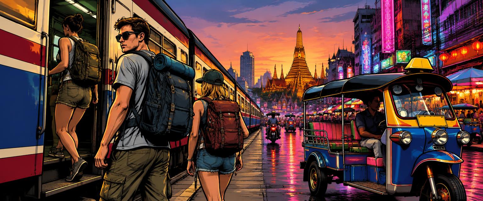 Comic-style backpackers boarding a train next to a tuk-tuk